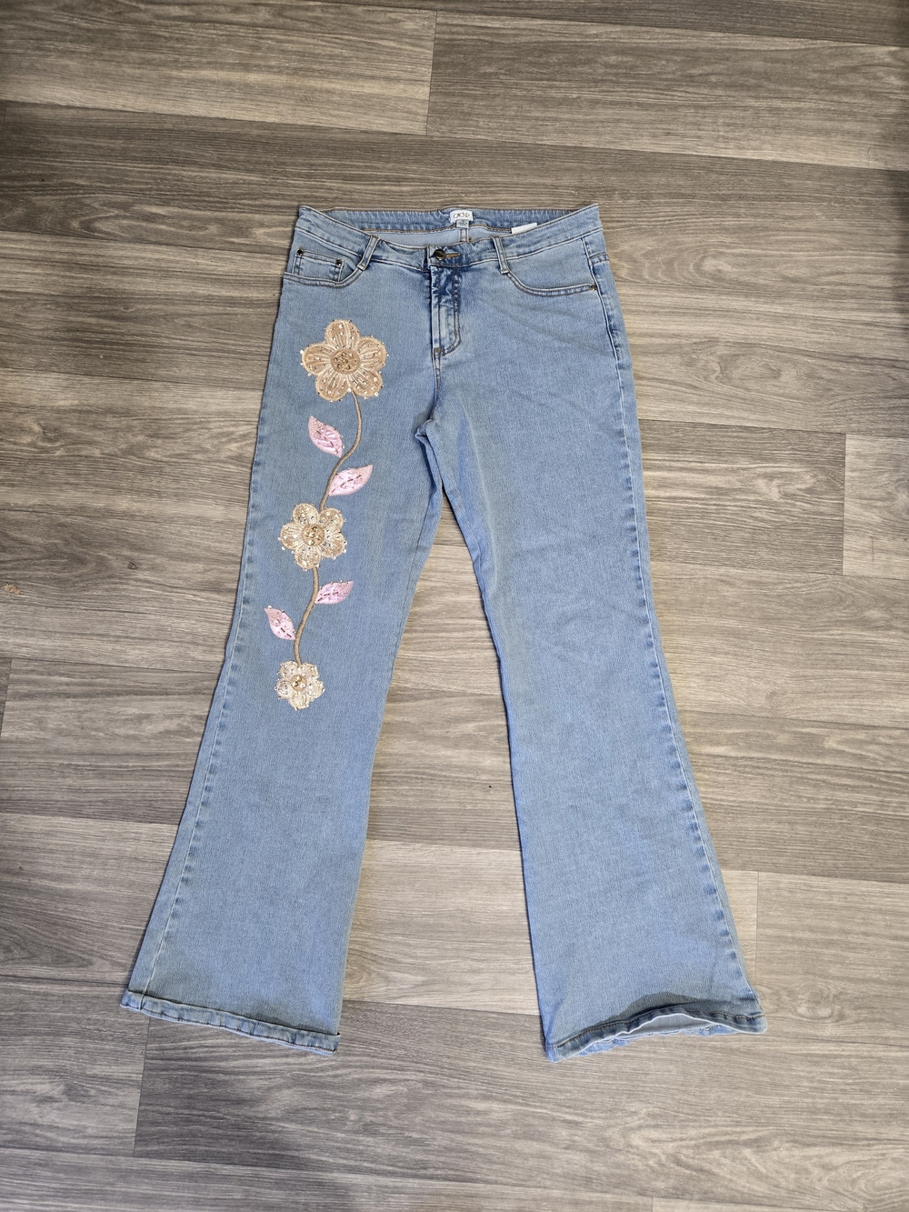 Cache Light Blue Flared Jeans with Pink & Gold Floral Appliqué Size 10